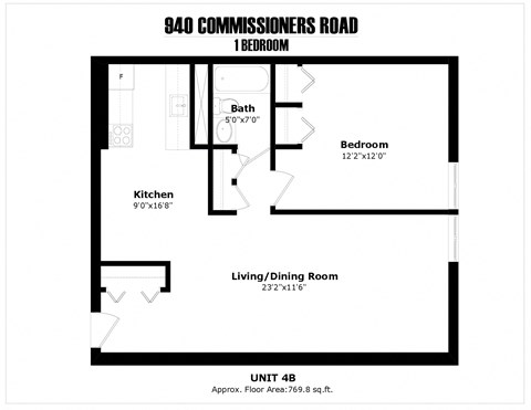 Floor plan for 1 bed, 1 bath, 753 sqft